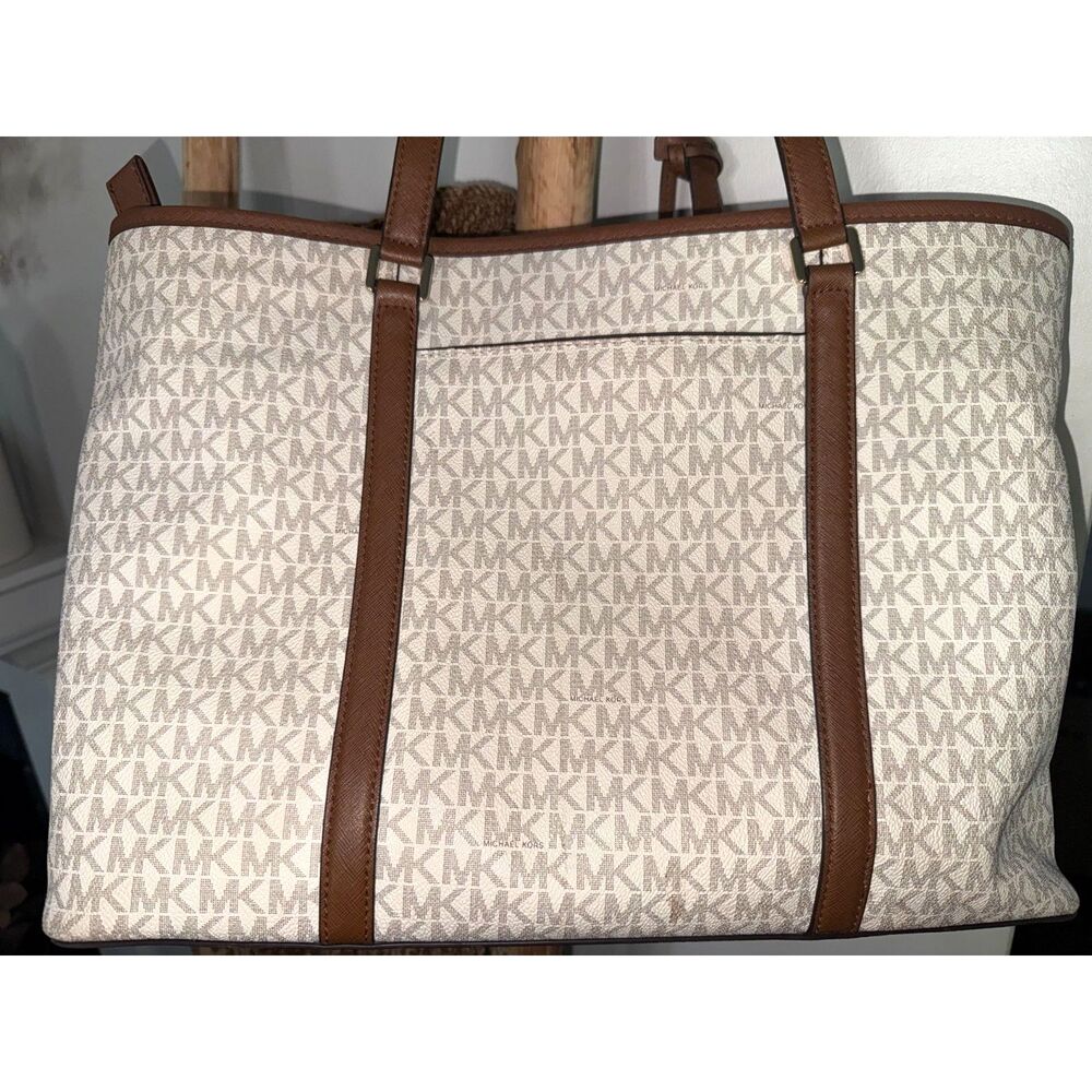 Michael Kors MK Brown Cream Leather Large Tote Logo Bag Purse - Picture 6 of 9